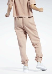 Svetloružové, skrátené tričko v kombinácii s ladiacimi teplákmi s elastickými manžetami. Model má na sebe biele tenisky Reebok. Hladká textúra.