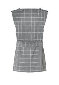 Grijs mouwloos jurkje met wit ruitpatroon, voorzien van een ceintuur in de taille, geplooide rok en gestructureerde schouderdetails.