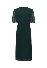 Tmavě zelené plisované šaty s krátkými průsvitnými rukávy a kulatým výstřihem, stažené v pase pro pevný střih.