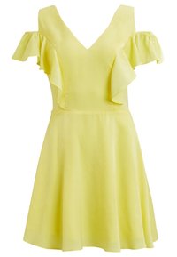 Yellow dress with a V-neck and short ruffled sleeves. The fabric is smooth, and the skirt flares out gently at the hemline.
