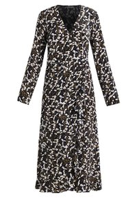 Långärmad omlottklänning i marinblått med ett vitt blommönster och gyllene accenter. Tillverkad av mjukt tyg med volangdetalj vid fållen.