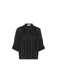 Black linen blouse with a mandarin collar, three-quarter sleeves, subtle pleats, and a button closure down the front.