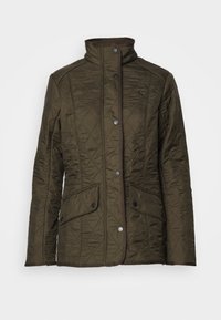 Quilted olive green jacket with a high collar, snap buttons, and two front pockets. Features a textured fabric with diamond patterns.