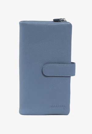 Blue leather wallet with a textured finish, featuring a snap closure and embossed logo. Compact rectangular shape with smooth edges.