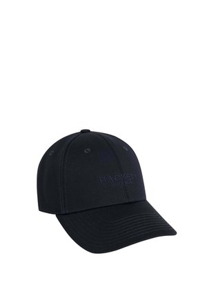 Black baseball cap made of cotton with a curved brim. Features embroidered "HACKETT LONDON" logo in dark blue on the front.