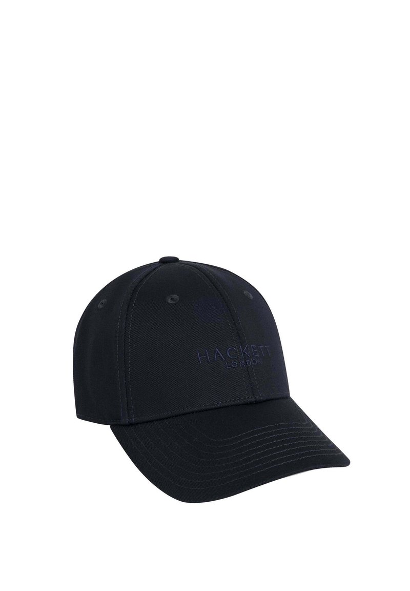 Černá baseballová čepice z bavlny s zakřiveným kšiltem. Na přední straně je vyšívané logo "HACKETT LONDON" tmavě modré barvy.