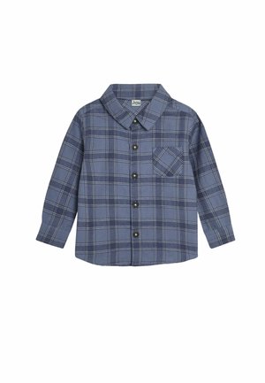 Marineblå plaid skjorte med lange ærmer, krave, knaplukning, en enkelt brystlomme og kontrasterende hvide syninger.