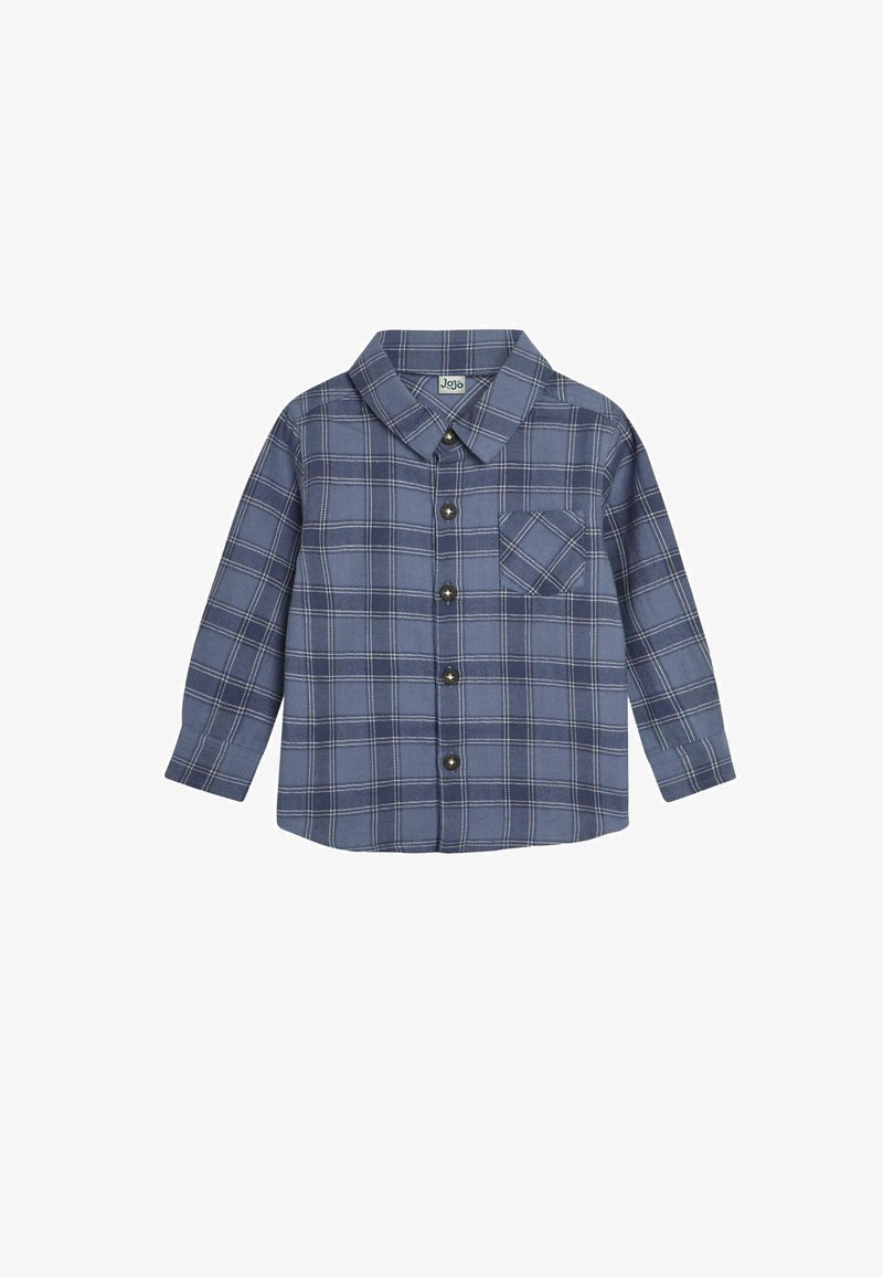 Temno moder karo dolgimi rokavi, s ovratnikom, gumbom na sprednji strani, enim žepom na prsih in kontrastnimi belimi šivi.