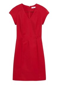 Robe rouge avec des manches courtes, décolleté en V et un corsage ajusté. Fabriquée à partir d'un tissu lisse, elle présente des pinces à la taille et une fermeture éclair au dos.