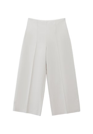 Witte wijde broek met een gladde stof, gestructureerde plooien en een hoog tailleontwerp. Rechte zoom zonder zichtbare sluitingen.