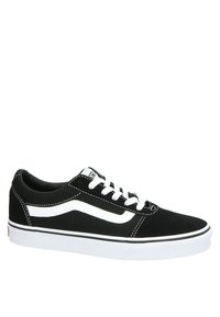 Zapatillas negras de lona con acentos blancos, con un diseño de caña baja, cordones blancos y una suela de goma. Logotipo clásico de Vans en la lengüeta.