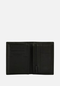 Porte-monnaie en cuir noir, design pliable en deux, doté de plusieurs emplacements pour cartes, d'un compartiment zippé et d'une texture lisse.