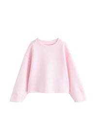 Light pink cropped sweatshirt with long sleeves, round neck, and soft fabric. Features a relaxed fit and seamless shoulder design.