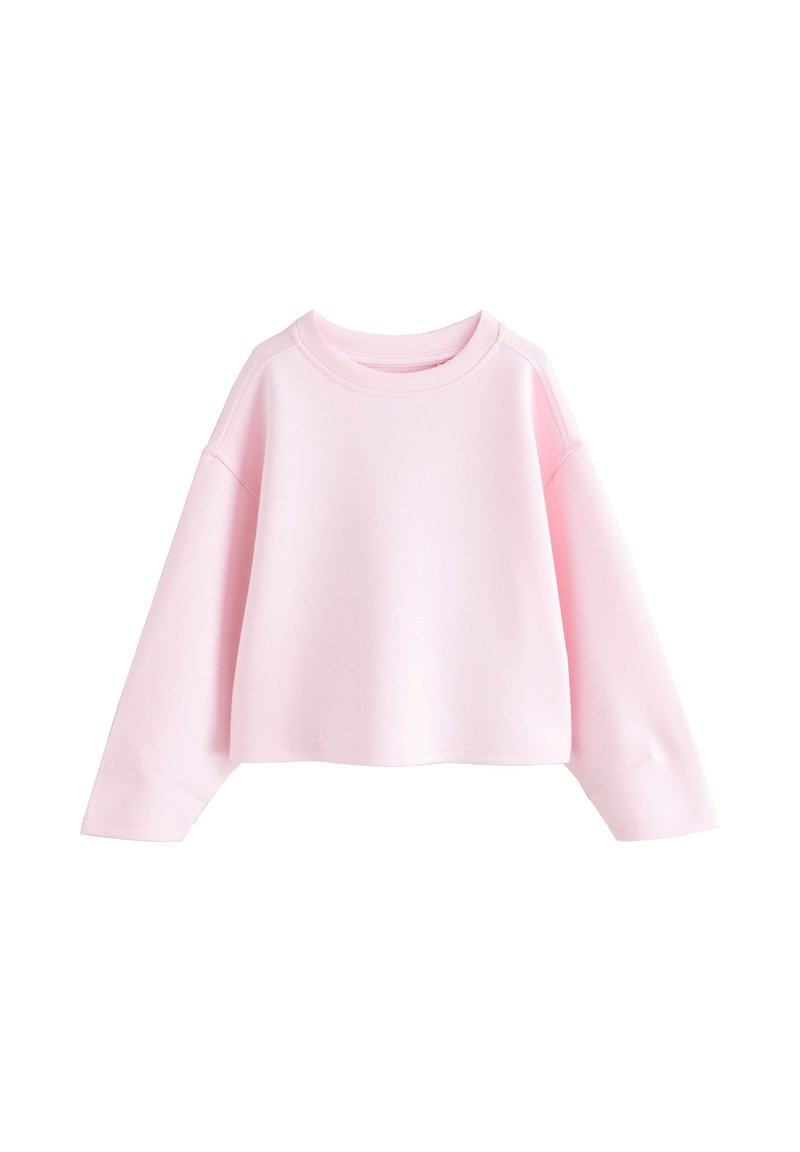 Light pink cropped sweatshirt with long sleeves, round neck, and soft fabric. Features a relaxed fit and seamless shoulder design.