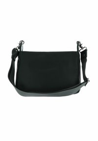 Sac crossbody en cuir noir avec une finition texturée, une bandoulière réglable et des accents en matériel argenté. Forme rectangulaire simple.