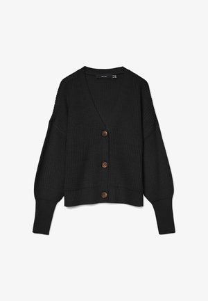 Cardigan noir en tricot avec un col en V, doté de quatre grands boutons bruns, de longues manches bouffantes et d'un ourlet court.