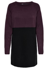 Abito a maniche lunghe in tessuto a maglia, caratterizzato da un design bicolore con una parte superiore di color viola scuro e una parte inferiore nera. Scollatura rotonda.