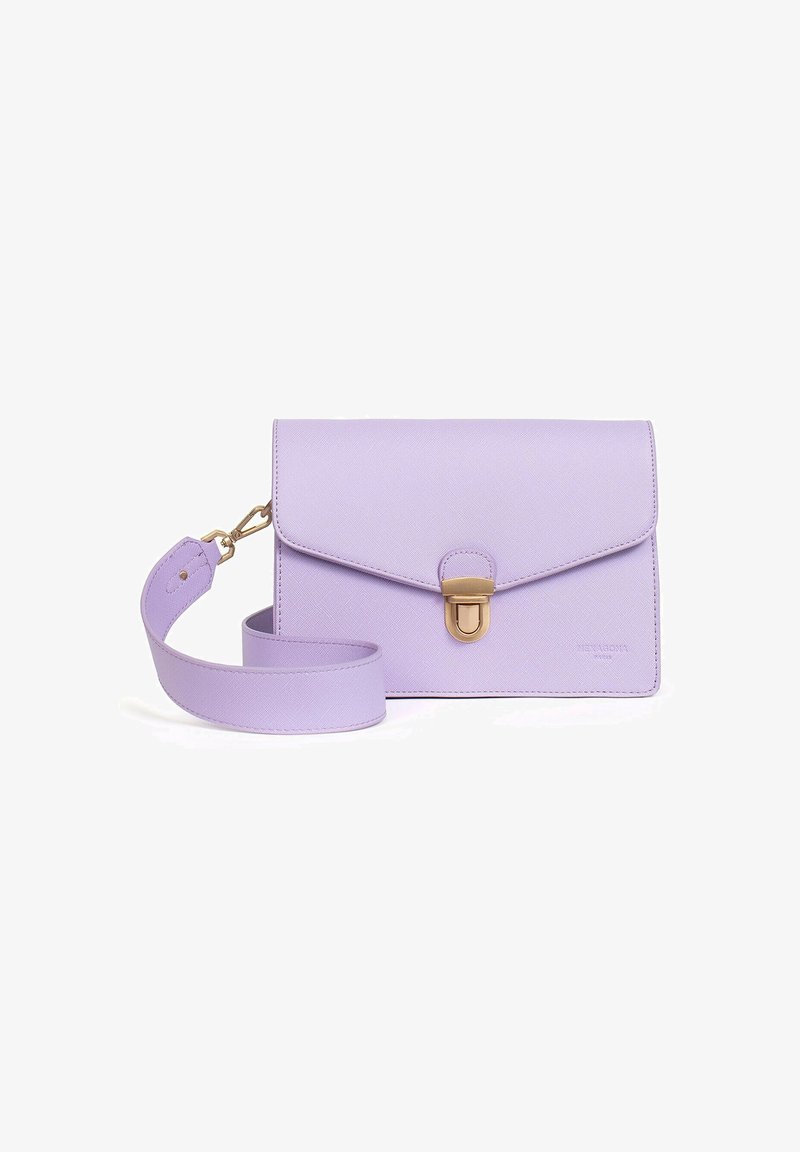 Lilac leather clutch with a structured design, gold clasp hardware, and detachable strap. Textured surface with subtle pattern.