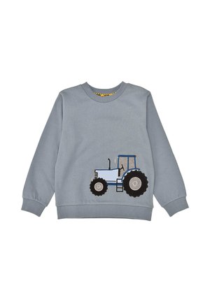 Light blue long-sleeve children's sweatshirt with a large embroidered blue tractor on the front.