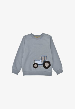 Hellblaues langärmeliges Kinder-Sweatshirt mit einem großen, aufgestickten blauen Traktor auf der Vorderseite.