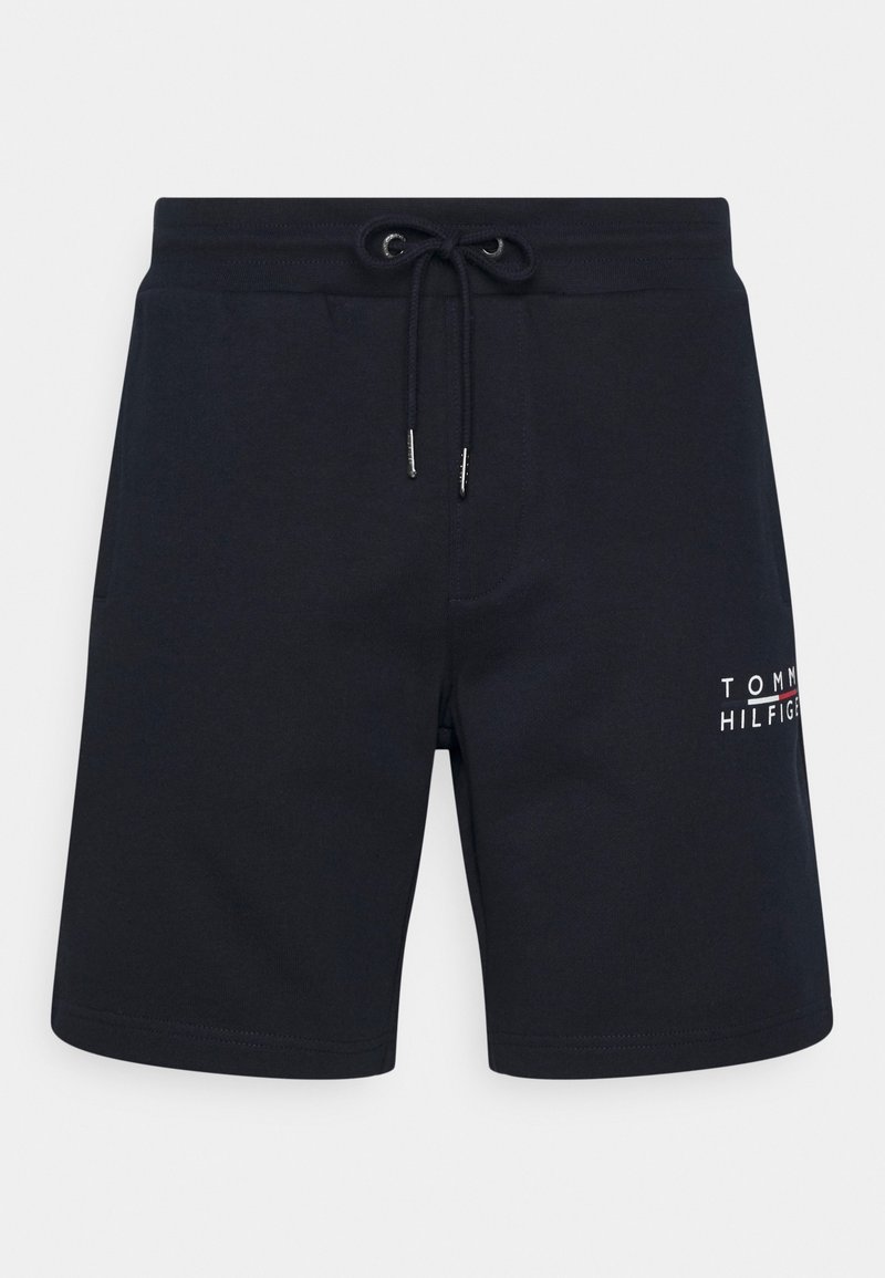 Short noir à cordon avec logo Tommy Hilfiger sur la jambe droite, avec une taille côtelée et des cordons à embouts argentés.