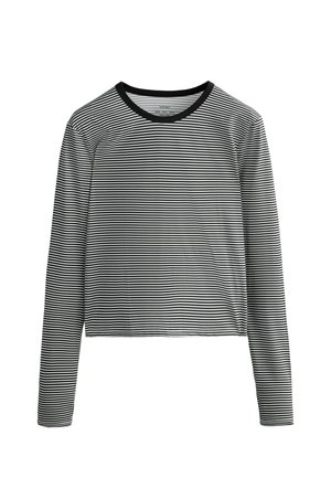 Black and white horizontal striped long-sleeve shirt with round black neckline, cropped fit, and lightweight fabric.