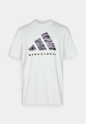 White cotton t-shirt with short sleeves, featuring a purple and black graphic print of three stripes and the word "BASKETBALL."