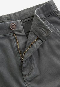 Pantaloni grigi con zip e chiusura a bottone, caratterizzati da una texture liscia e dettagli di cucitura delicati. La zip ha una finitura dorata.