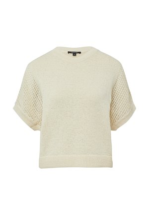 Hellbeige, taillierter Pullover aus Strick mit kurzer Ärmeln. Die Ärmel zeichnen sich durch ein offenes Mesh-Design aus, das einen Materialkontrast bietet.