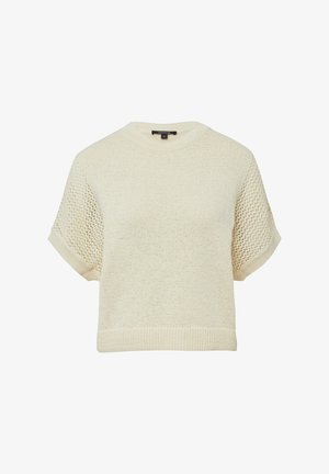 Hellbeige, taillierter Pullover aus Strick mit kurzer Ärmeln. Die Ärmel zeichnen sich durch ein offenes Mesh-Design aus, das einen Materialkontrast bietet.