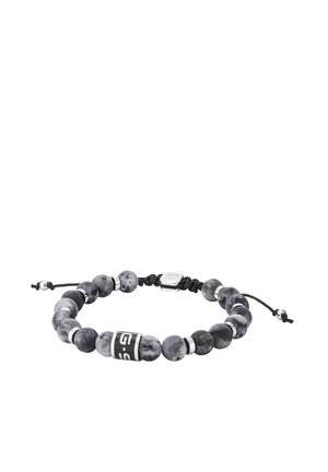 Black and gray stone bead bracelet with silver accents and adjustable black braided cord closure.