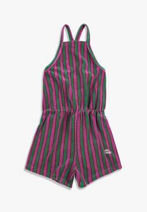 Combinaison sans manches à rayures verticales violettes et vertes, taille élastique et fines bretelles.