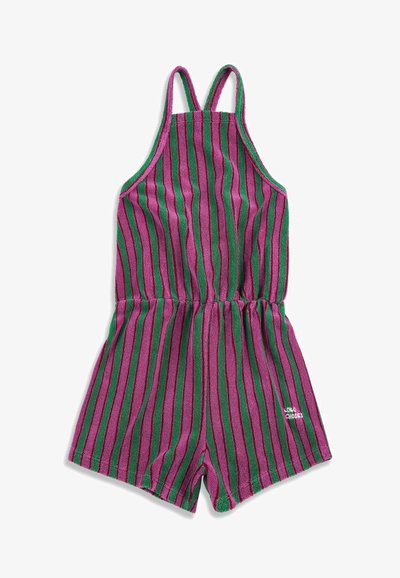 Combinaison sans manches à rayures verticales violettes et vertes, taille élastique et fines bretelles.
