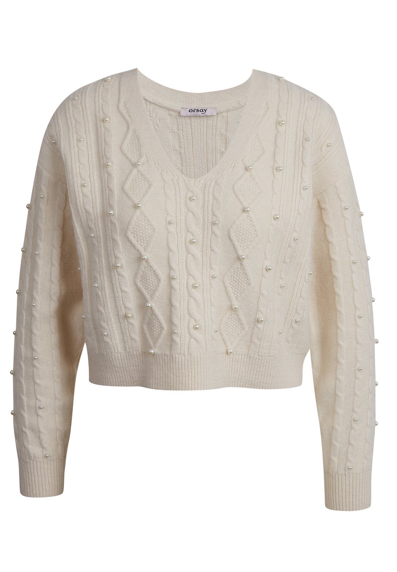 Pull court de couleur crème avec un motif en maille texturée, doté d'un décolleté en V et de perles fantaisie décoratives le long des manches.