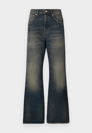 Mørkeblå denim bell-bottom jeans med en falmet vask, som har fem lommer, knaplukning og kontraststingdetaljer.