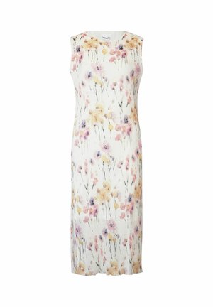 Balta vidēja garuma kleita bez piedurknēm ar rozā, violetu un dzeltenu ziedu rakstu, apaļu kakla izgriezumu un taisnu griezumu.