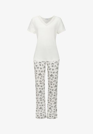 Completo pigiama in cotone composto da una maglietta bianca a maniche corte con merletto e pantaloni neri con motivo floreale. Vestibilità comoda e design informale.