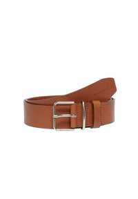 Brauner Ledergürtel mit strukturiertem Finish, silberner Metall-Schnalle und einer genähten Schlaufe. Mit dem Markennamen, der in das Leder eingeprägt ist.