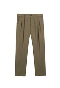 Olive-green, pleated trousers with a straight-cut silhouette, made from textured fabric. Features a front button closure and side pockets.