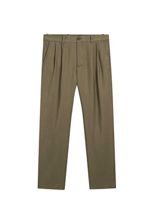 Pantaloni verde oliva a pieghe con silhouette dritta, realizzati in tessuto texturizzato. Presentano una chiusura frontale con bottone e tasche laterali.
