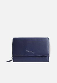 Navy leather wallet with a textured surface and silver logo. Features a flap closure and a zippered pocket on the side. Clean design.