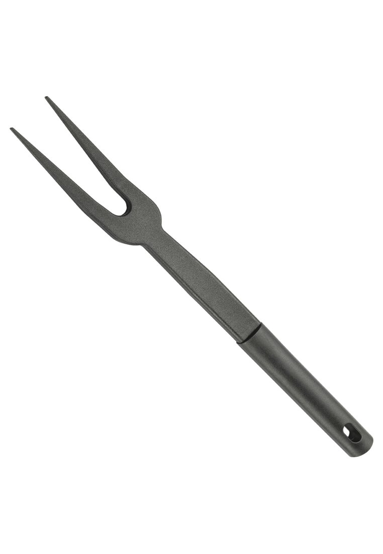 Schwarze Kunststoffgabel mit zwei Zinken und geradem Griff, entworfen zum Heben oder Servieren. Glatte Oberfläche, keine sichtbaren Muster oder Beschläge.