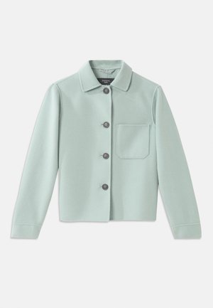 Veste vert menthe clair en tissu doux. Dotée d'un col, de cinq boutons noirs et d'une poche poitrine. 