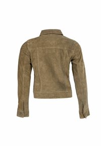 Wildlederjacke in einem gedämpften Olivton, mit klassischem Kragen, langen Ärmeln und tailliertem Schnitt sowie dezenten Ziernähten.