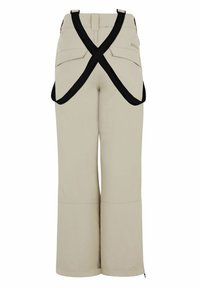 Beige weite Beinhosen mit einem schwarzem Überkreuz-Trägerdesign, ausgestattet mit zwei Gesäßtaschen und Knöchelreißverschlüssen für eine anpassbare Länge.