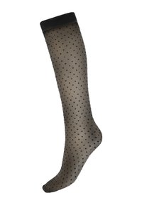 Translucenta knästrumpa med små svarta prickar och en solid svart remsa högst upp.