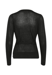 Cardigan nero in maglia con un tessuto trasparente, maniche lunghe, scollo rotondo e una cintura legata in vita. Presenta una vestibilità ampia.