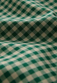 Tessuto a quadretti verdi e beige con un motivo a diamante. La trama sembra lavorata a maglia con diverse tonalità di verde.