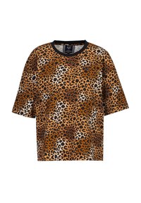 Leopardprint t-shirt met korte mouwen in tinten bruin, beige en zwart, met een zwarte ronde hals en een losse pasvorm.