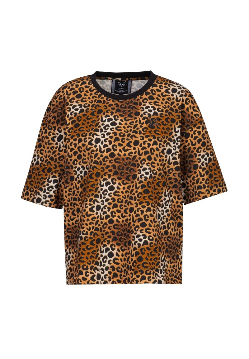 Leopardprint t-shirt met korte mouwen in tinten bruin, beige en zwart, met een zwarte ronde hals en een losse pasvorm.
